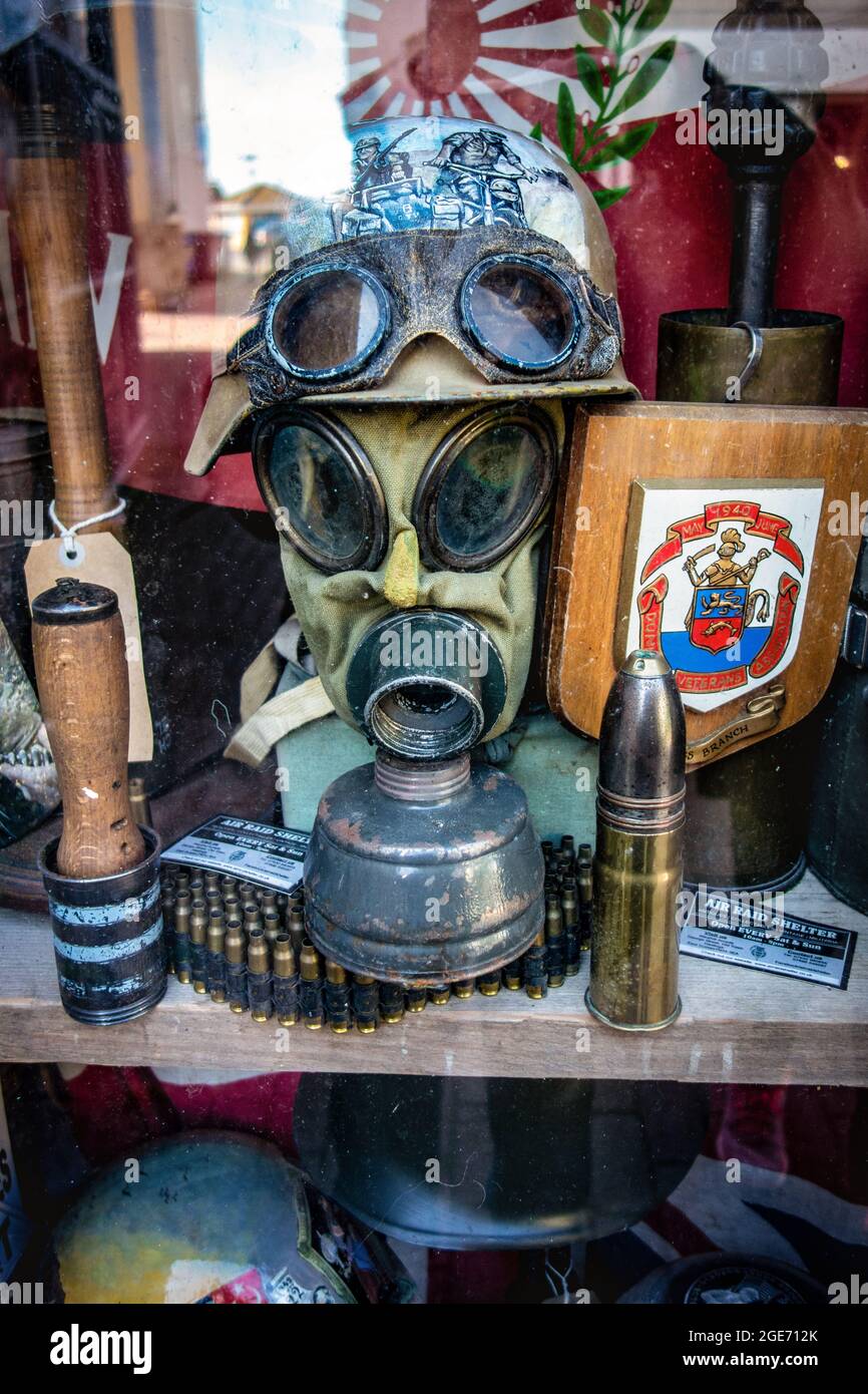 Window display of the Air Raid Shelter Shop, selling Antiques, Collectables & Vintage Militaria, Hastings Old Town Stock Photo
