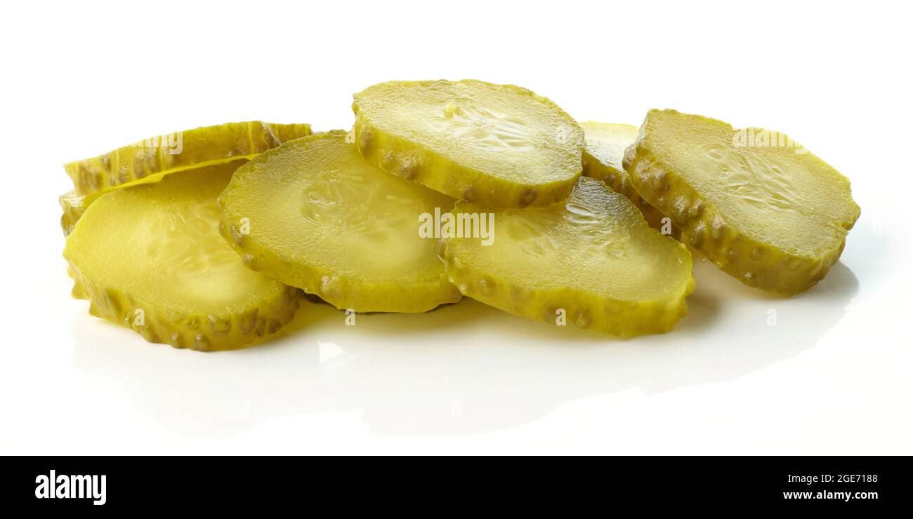 Heap of pickled cucumber isolated on white background Stock Photo