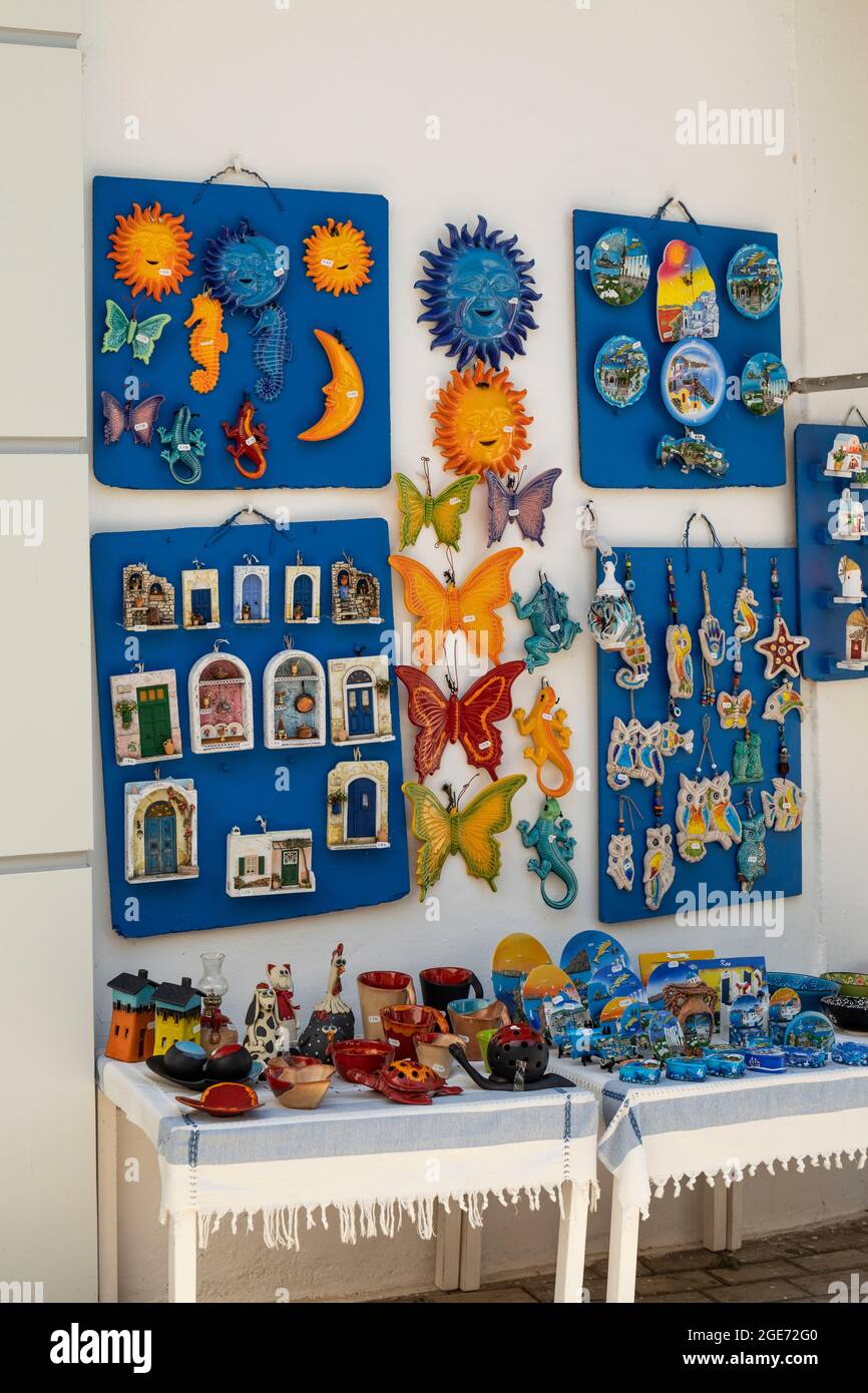 Colourful plaques and ceramics for sale in a souvenir shop in Kos Town, Kos, Dodecanese Islands, Greece Stock Photo