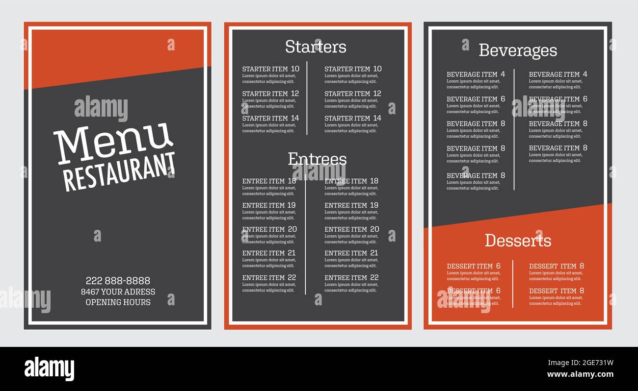 Restaurant menu flyer grey and orange modern design template outlined Font is Aglet Stock Vector