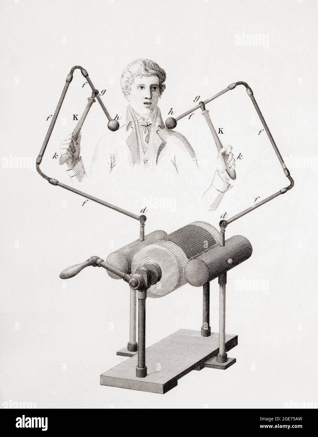Early 19th century experiment with electricity on the human body.  From The Cyclopaedia or Universal Dictionary of Arts, Sciences and Literature by Abraham Rees, published London 1820. Stock Photo
