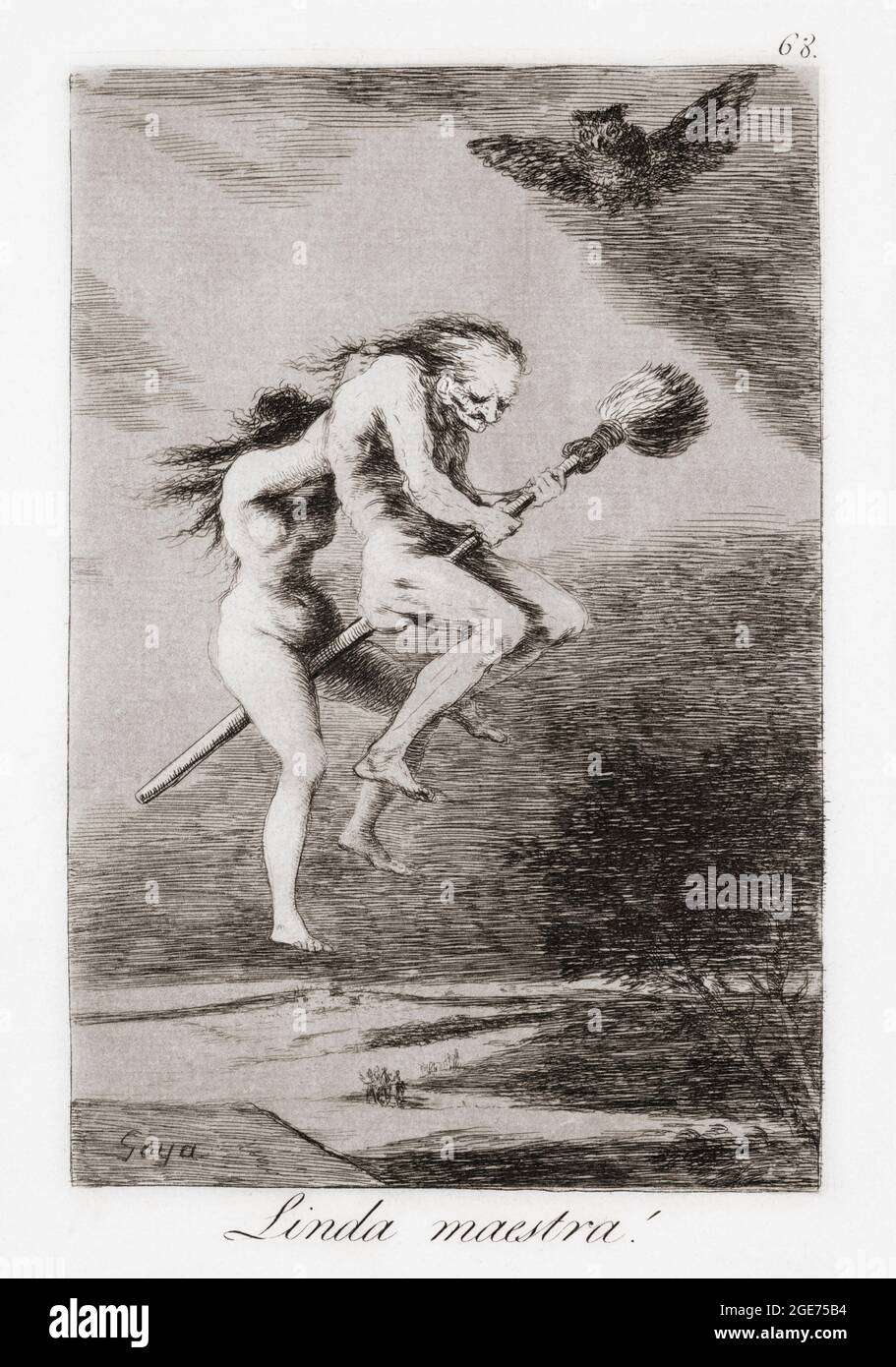 Linda Maestra! or Pretty Teacher!  A young witch teaches an old man to fly.  After the work by Francisco Goya, Capricho number 68.  Goya created the 80 prints of Los Caprichos in 1797-1798. Stock Photo