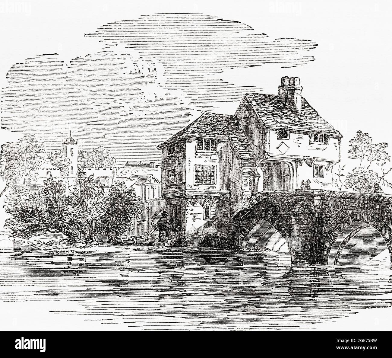 Old Bedford Jail, built on the Town Bridge across the River Ouse, Bedford, England, seen here in the 19th century. John Bunyan, the Baptist preacher and author of The Pilgrim's Progress, was imprisoned here when preaching was prohibited by King Charles II, who ordered that all preachers who did not belong to the Church of England (Episcopal) should be imprisoned or banished. From Picturesque England, Its Landmarks and Historic Haunts, published 1891. Stock Photo