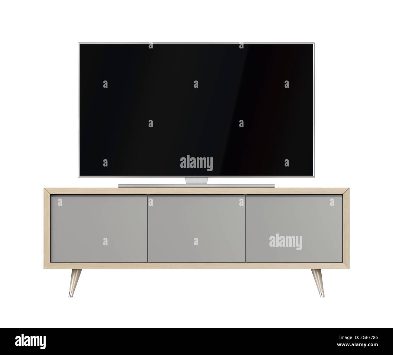 Modern tv cabinet and big tv with blank screen, isolated on white background Stock Photo