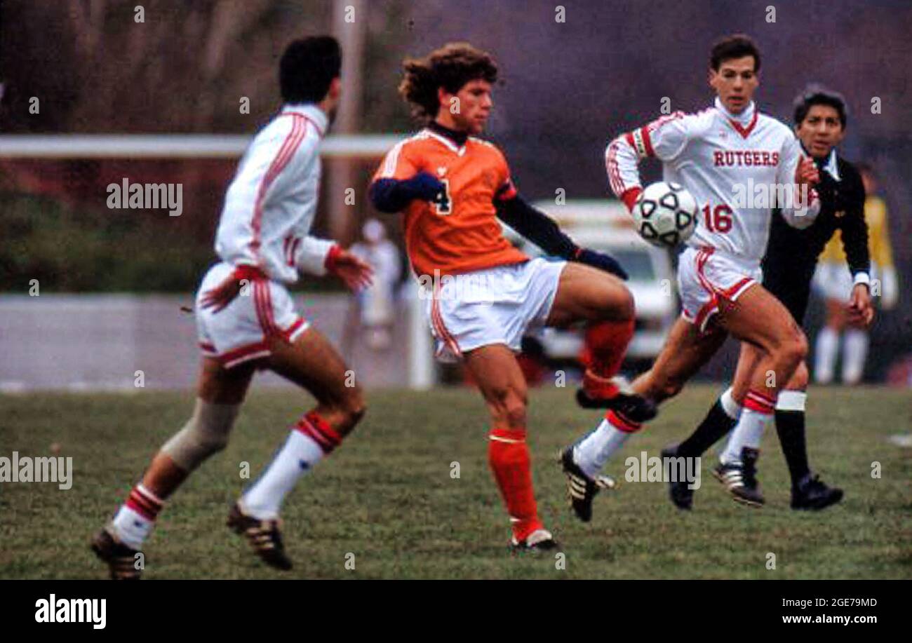 Future USA national team player Jeff Agoos playing for the University of Virginia against Rutgers Stock Photo