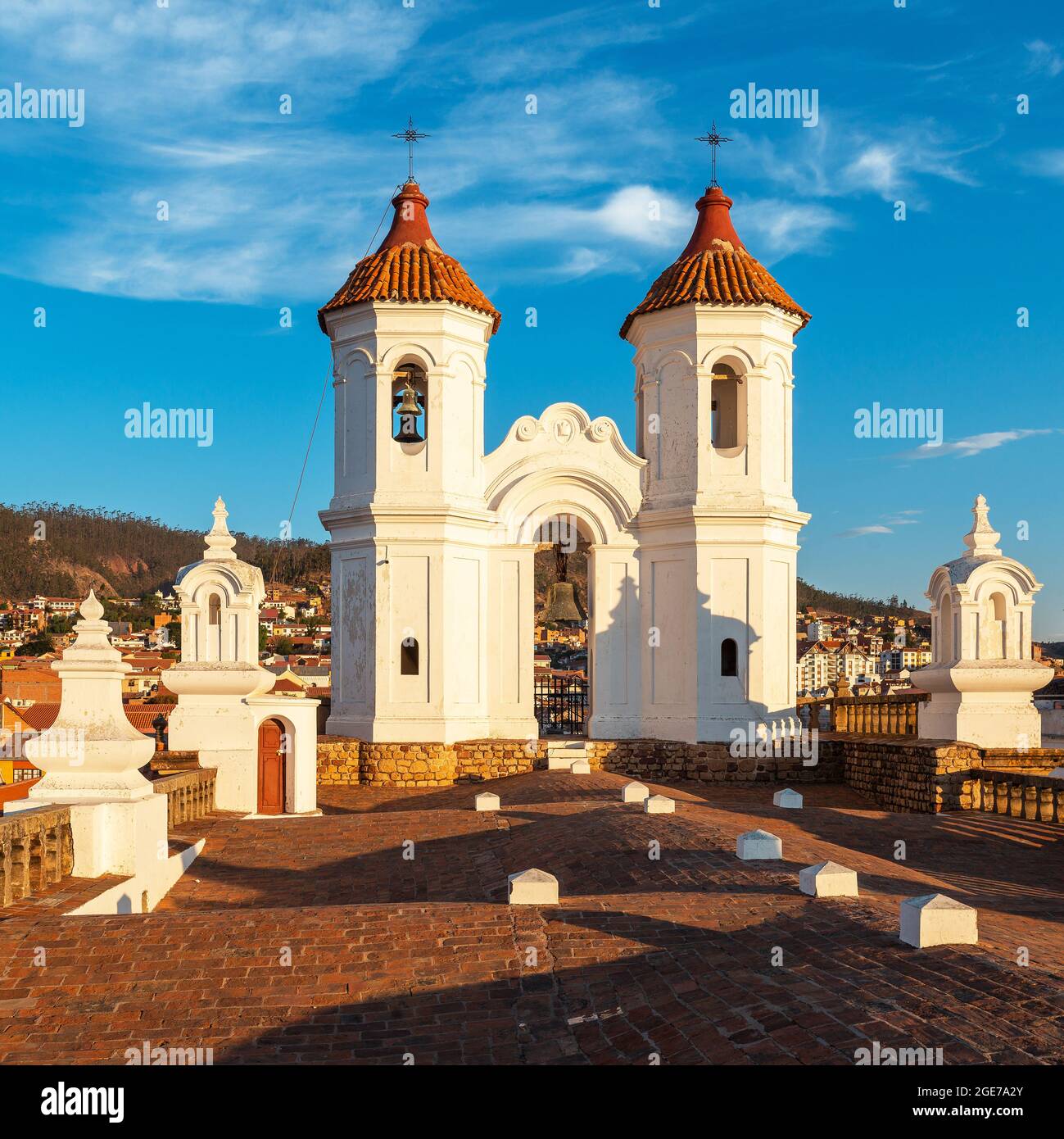 Sucre city sunset from San Felipe Neri church monastery with clock towers, Sucre Department, Bolivia. Stock Photo