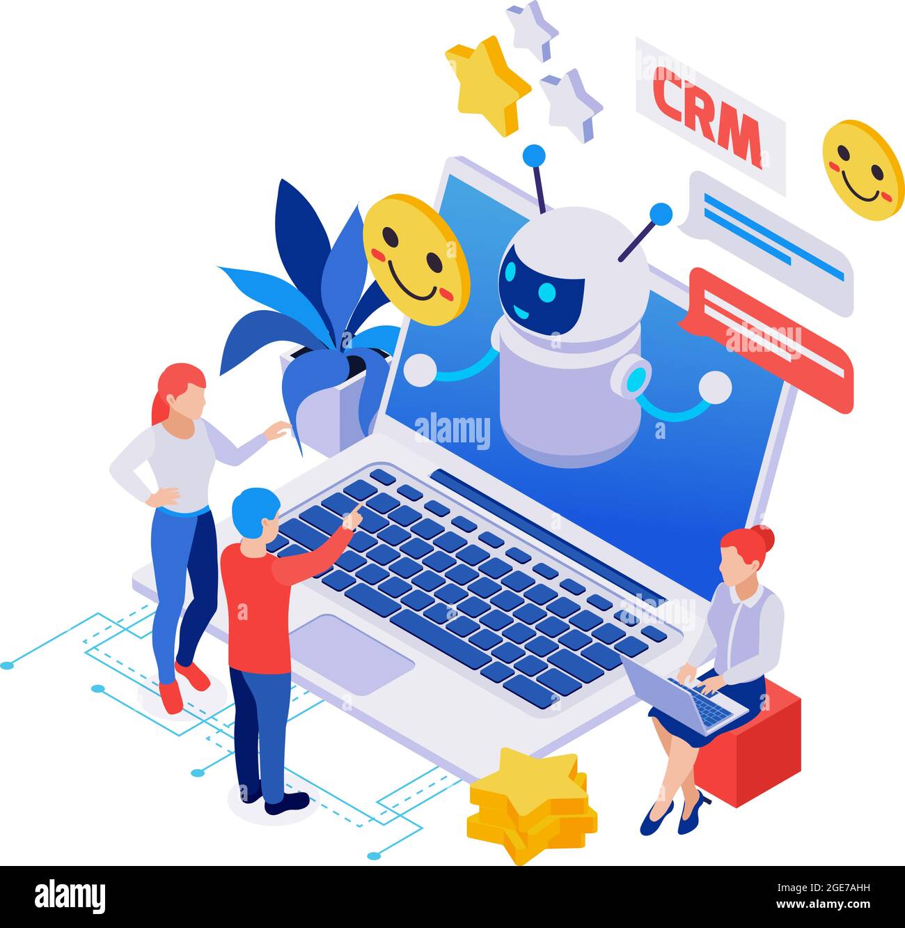 Isometric composition with chatbot on laptop people happy smiles on white background vector illustration Stock Vector