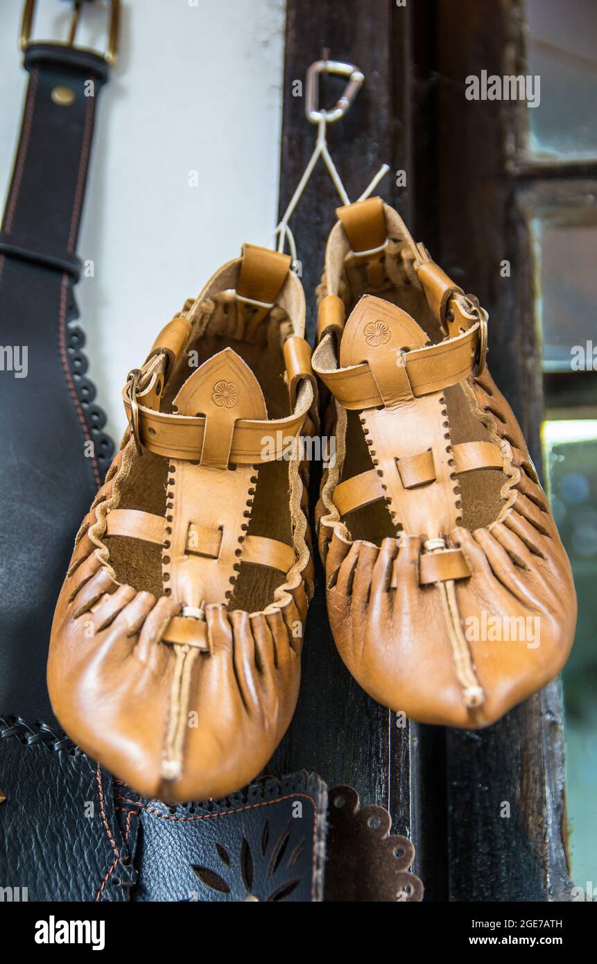 traditional peasant shoes in the Balkan region Stock Photo
