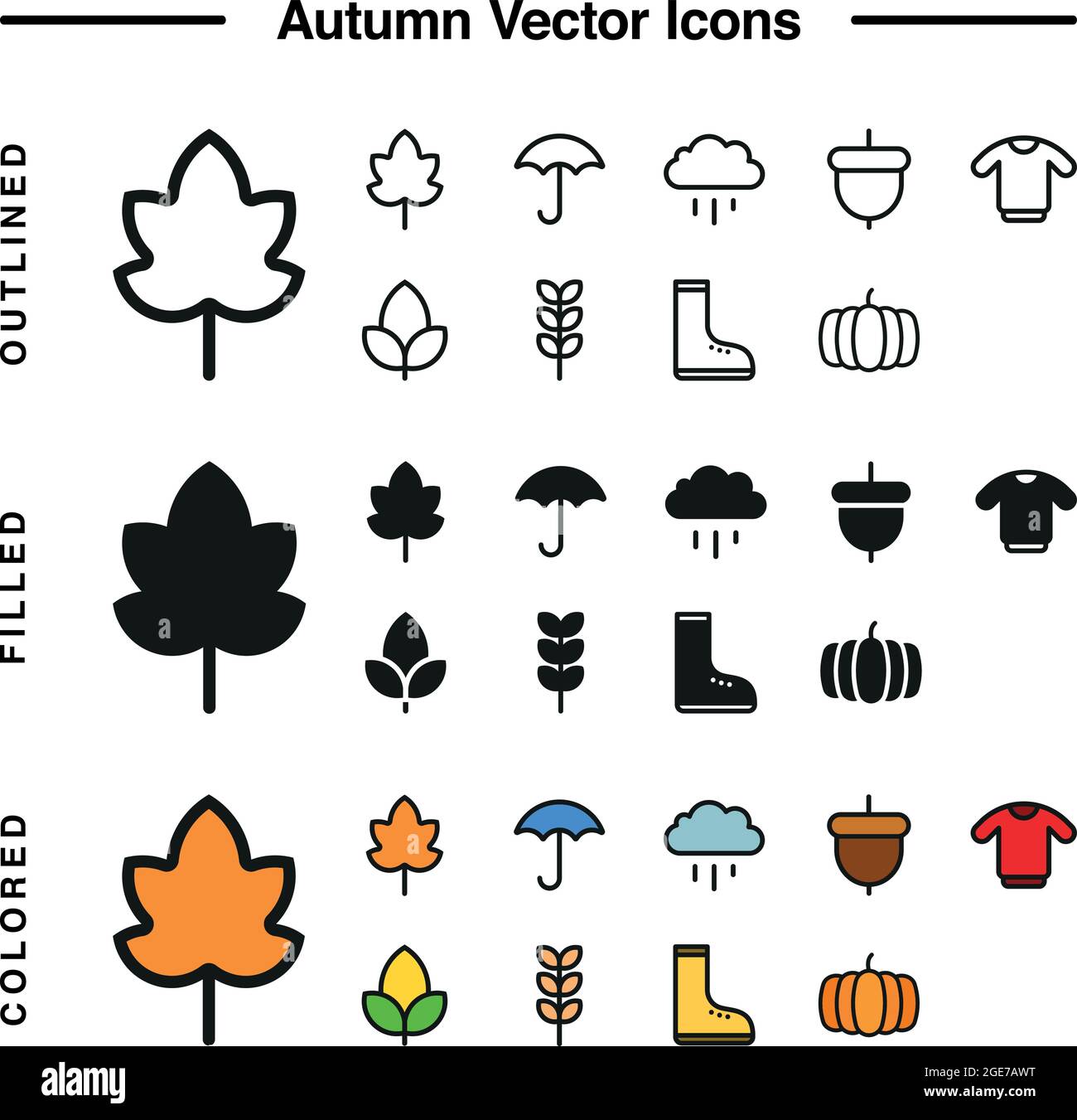 autumn vector icons with outlined, filled, and colored versions. one ...