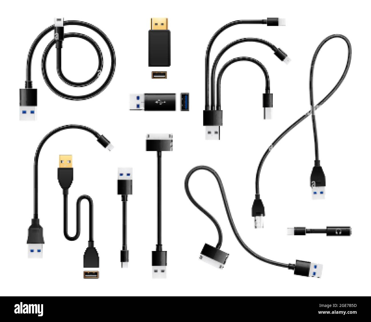 Usb types port plug in realistic connectors set of isolated icons and