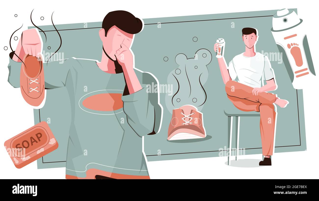 Foot odor men flat composition with flat male characters with stinky