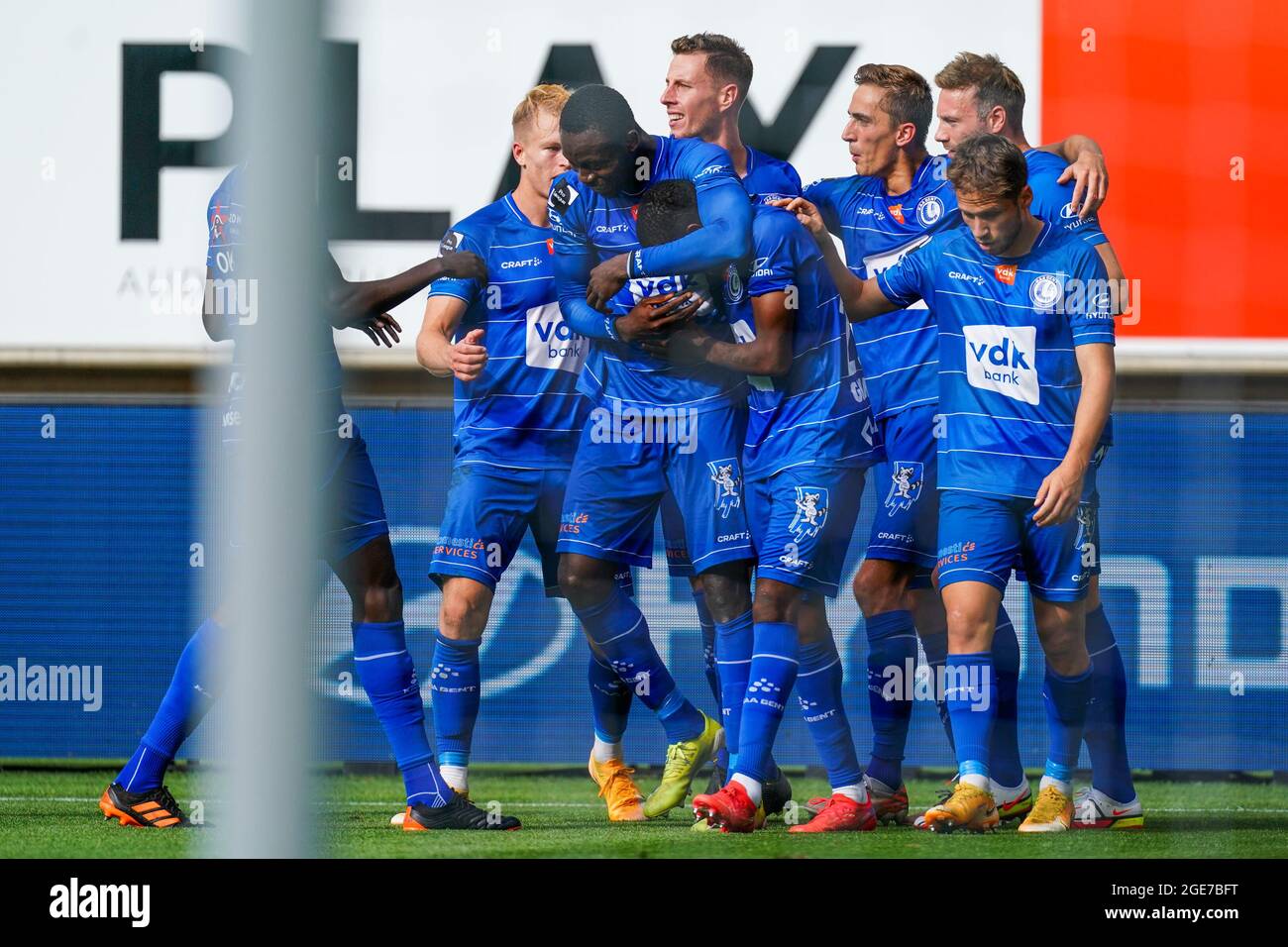 Gent Belgium August 15 Nurio Fortuna Of Kaa Gent Celebrates After Scoring His Sides Second Goal With Giorgi Chakvetadze Of Kaa Gent Adewale Oladoye Of Kaa Gent Andrew Hjulsager Of Kaa