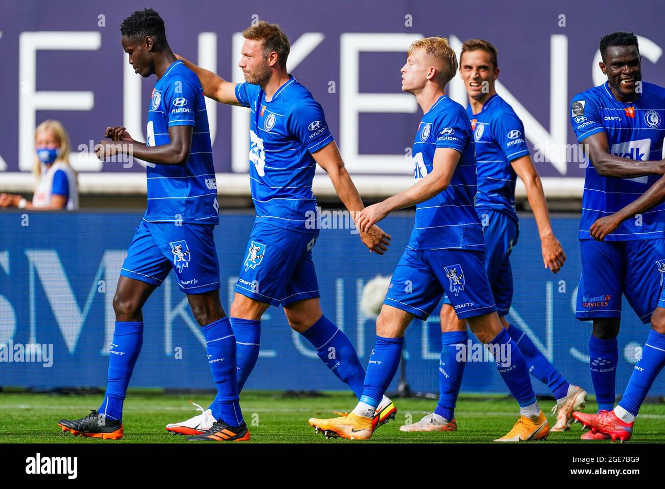 Gent Belgium August 15 Nurio Fortuna Of Kaa Gent Celebrates After Scoring His Sides Second Goal With Giorgi Chakvetadze Of Kaa Gent Adewale Oladoye Of Kaa Gent Andrew Hjulsager Of Kaa