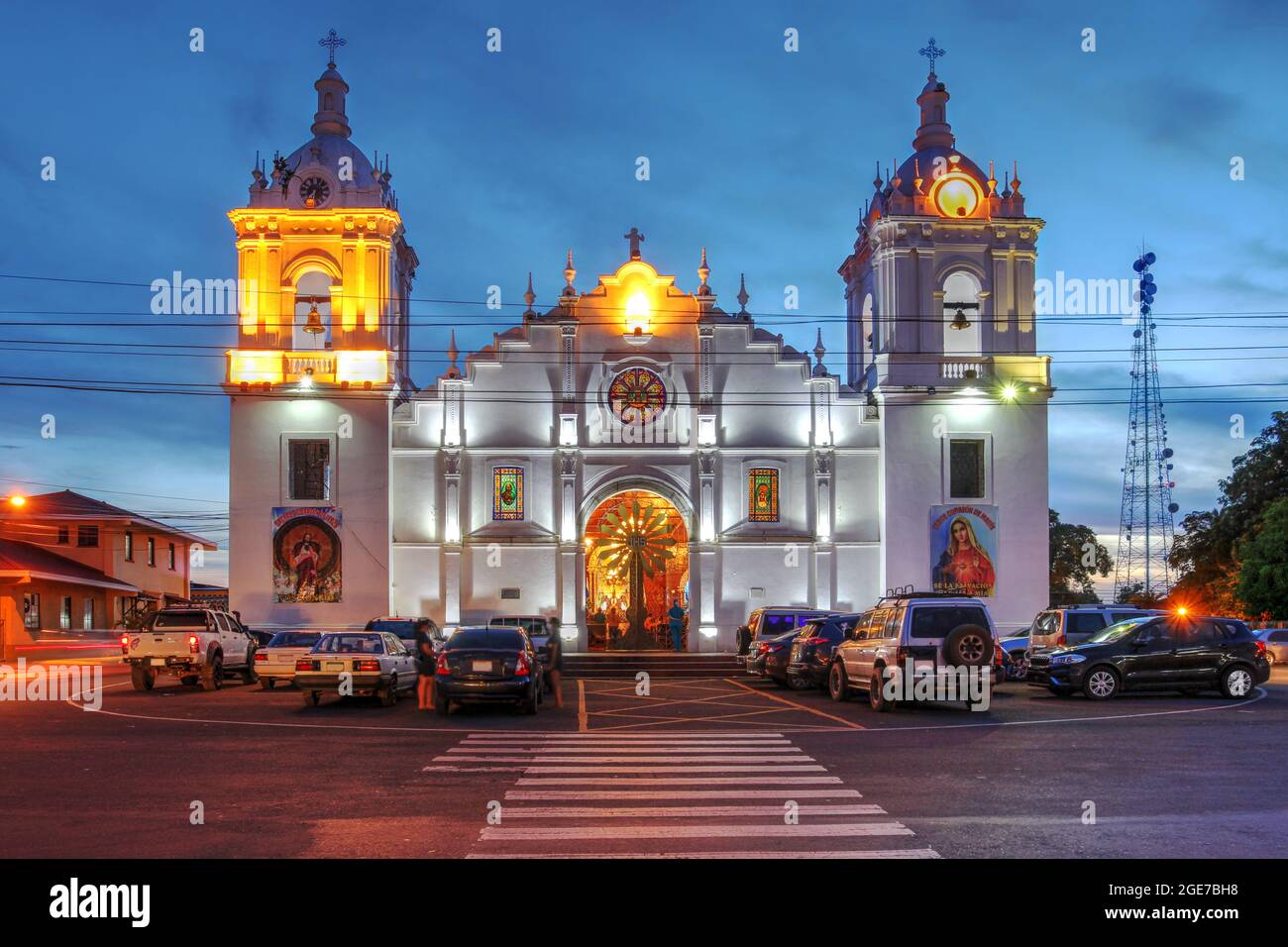 The St. James the Apostle Cathedral in Santiago de Veraguas, Panama at night. Stock Photo