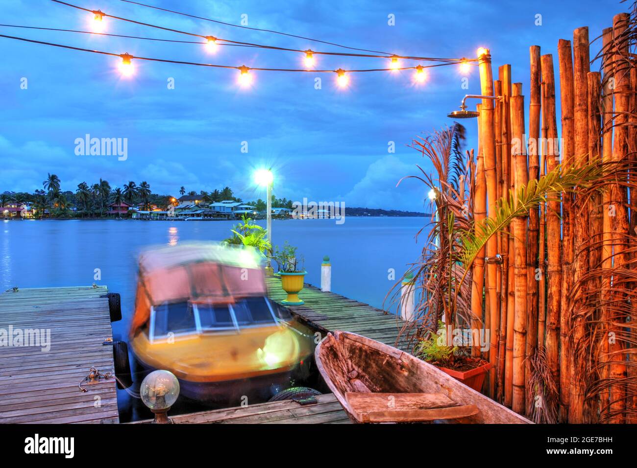 Boat landing dock in Bocas Town, Bocas del Toro, Panama at night. Stock Photo