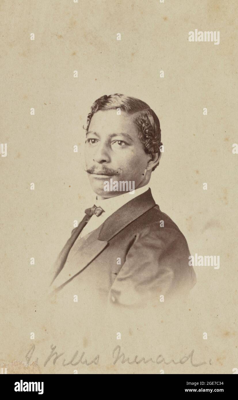 Portrait of John Willis Menard, circa 1870 - Photograph shows a head-and-shoulders portrait of political activist and author John Willis Menard (1838-1893). In 1868 Menard became the first African American elected to the U.S. House of Representatives from Louisiana's 2nd Congressional District. The election results were contested by his opponent, Caleb S. Hunt, resulting in Congress denying Menard his seat. However, on February 27, 1869, Menard did become the first African American to address the chamber. When the House Committee on Elections could not make a final determination on the electio Stock Photo