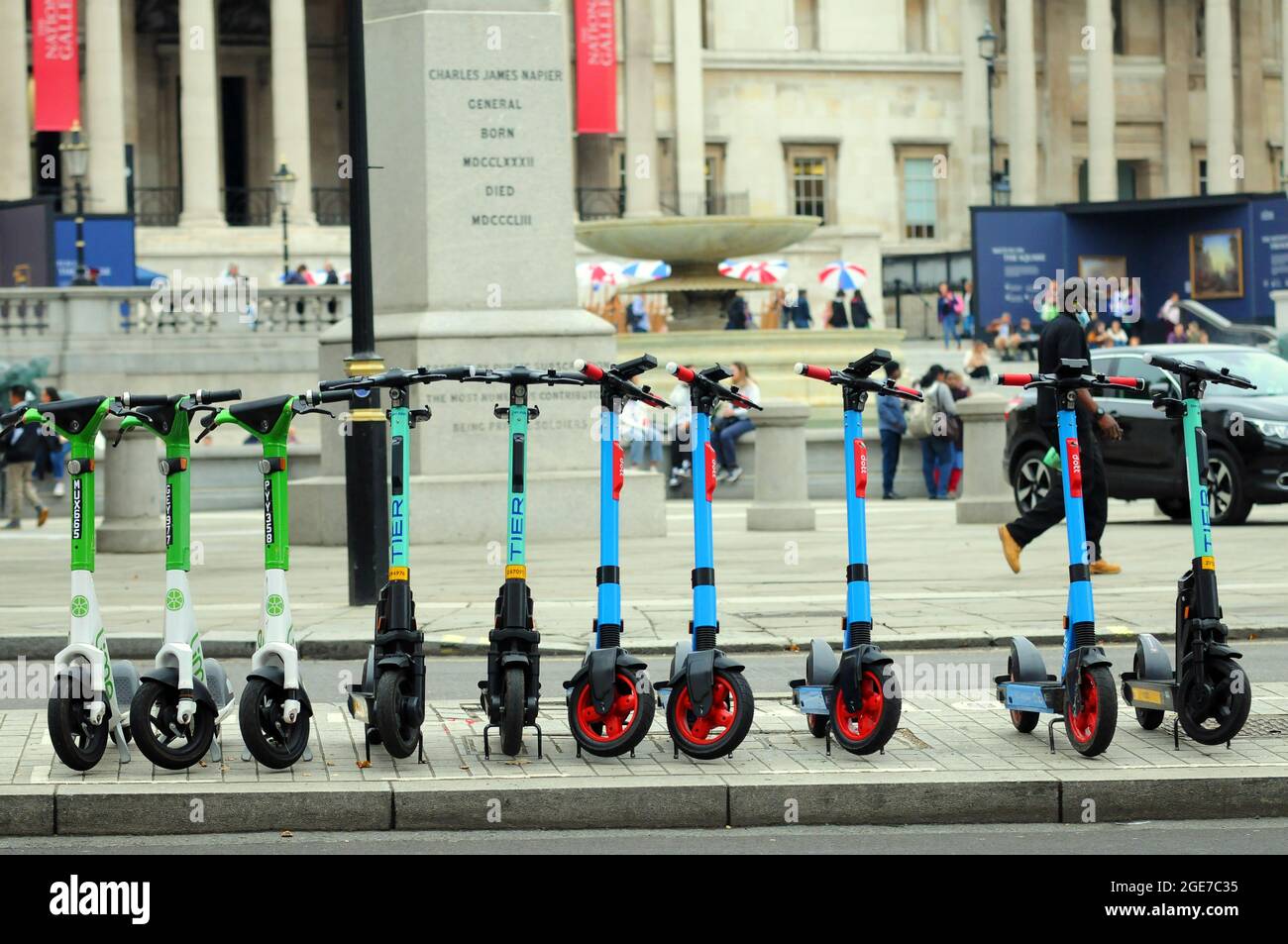 London, UK. escooter hire dock. Trafalgar Square in London West End busy during school holidays