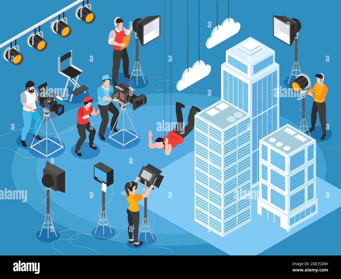 Isometric cinematography composition of film set scenery with skyscrapers and characters of lighting and camera operators vector illustration Stock Vector