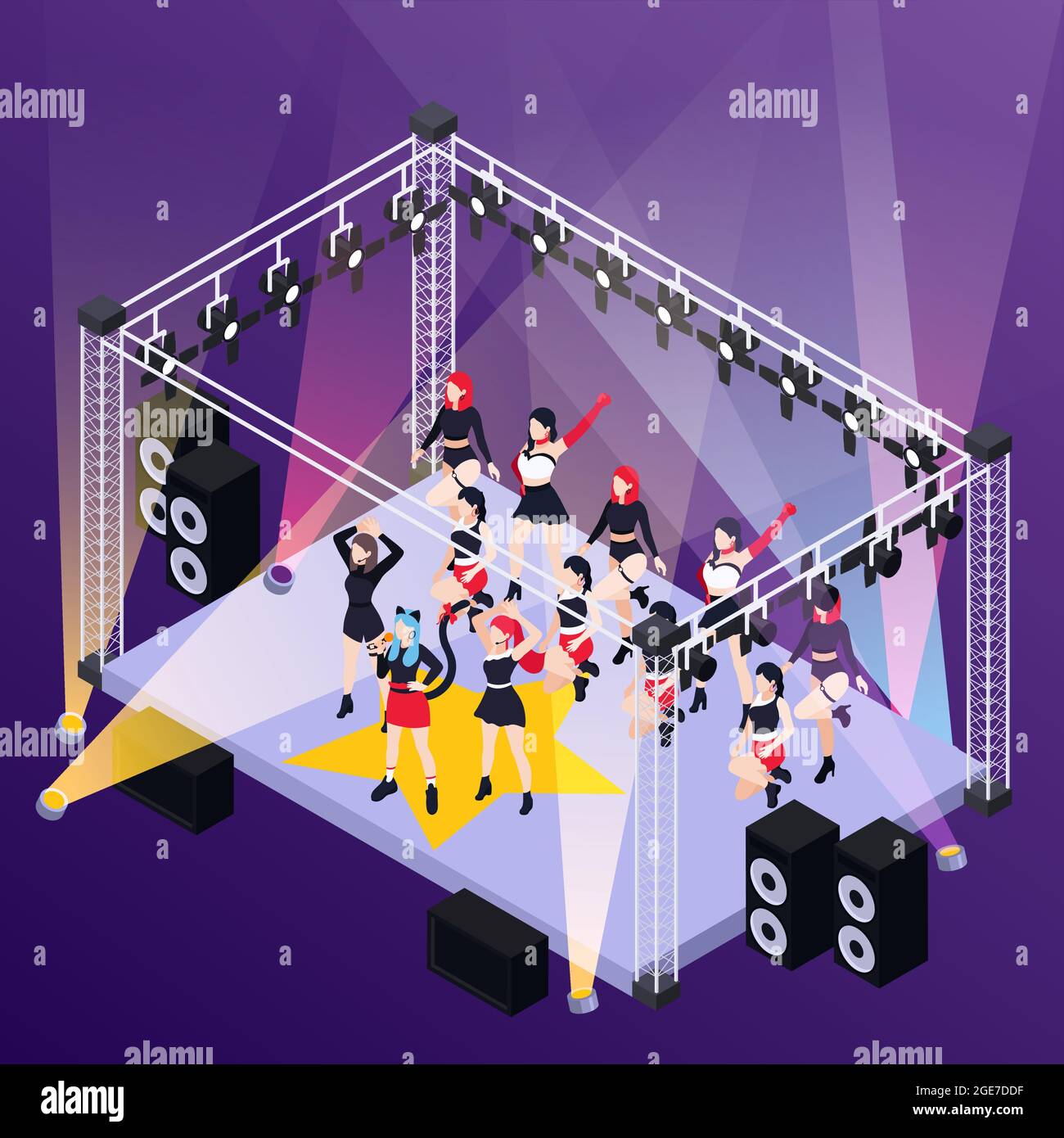 Pop music girls band  performing on street stage outdoor isometric background vector illustration Stock Vector