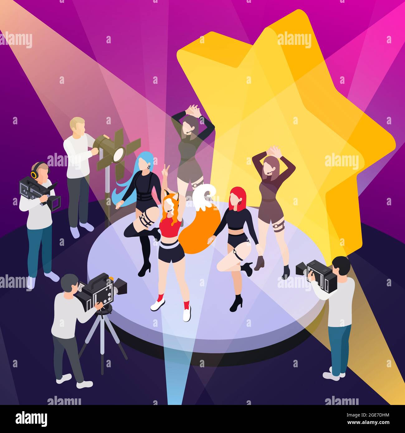 Pop music show isometric poster with reporters videotaping performance