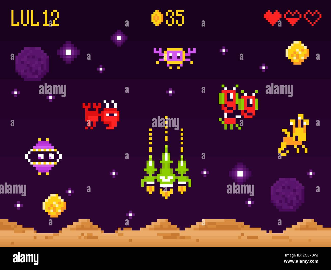 Premium Vector  Old pixel art style ufo space war game. pixel monsters and  spaceship. retro game, 8 bit