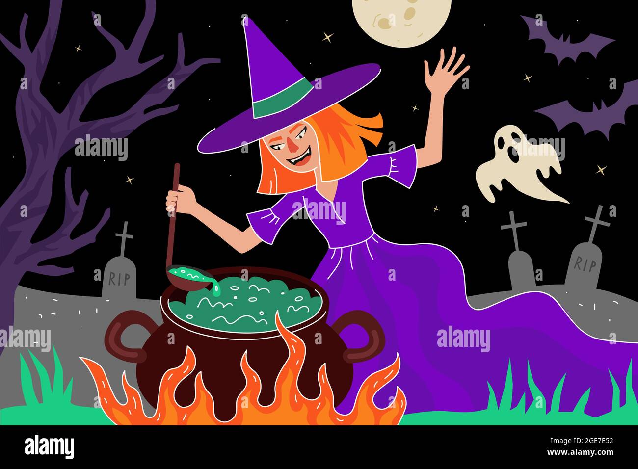 Happy Halloween holiday greeting card. The witch brews magic potion in cauldron in moonlight night cemetery with ghosts and bats. All Saints Day celebration eve. Evil fairy atrocity drawing eps poster Stock Vector