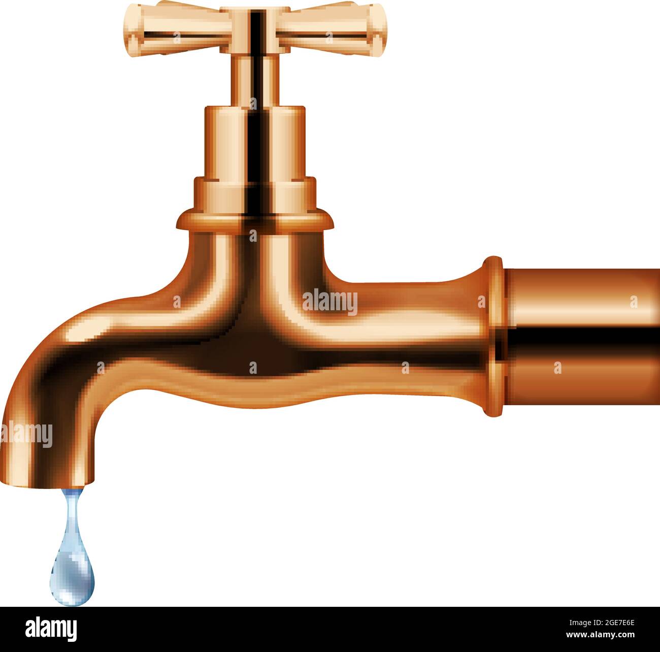 Copper water faucet with dripping water realistic isolated object in