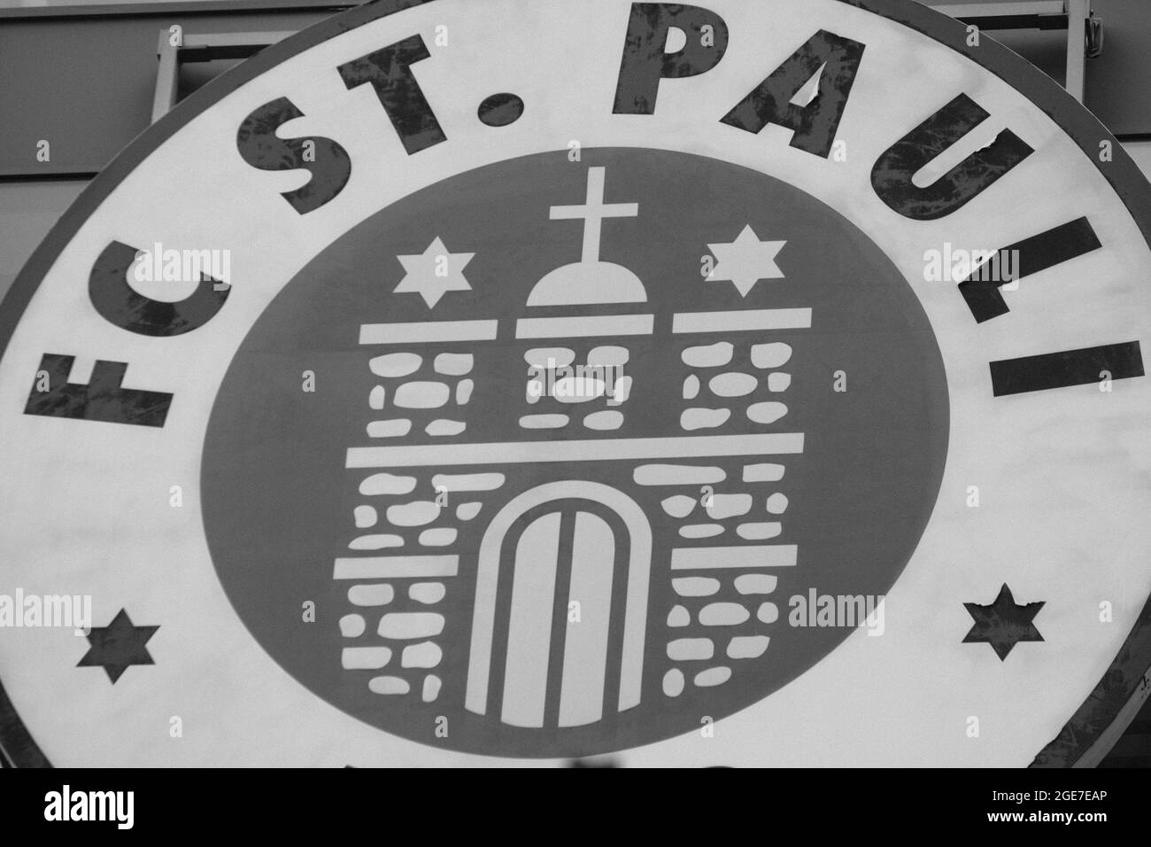 Hamburg, Germany. 13th Aug, 2021. Close-up of the FC St. Pauili crest on the stadium facade at the Millerntor-Stadion of FC St. Pauli, Hamburg, Germany Credit: SPP Sport Press Photo. /Alamy Live News Stock Photo