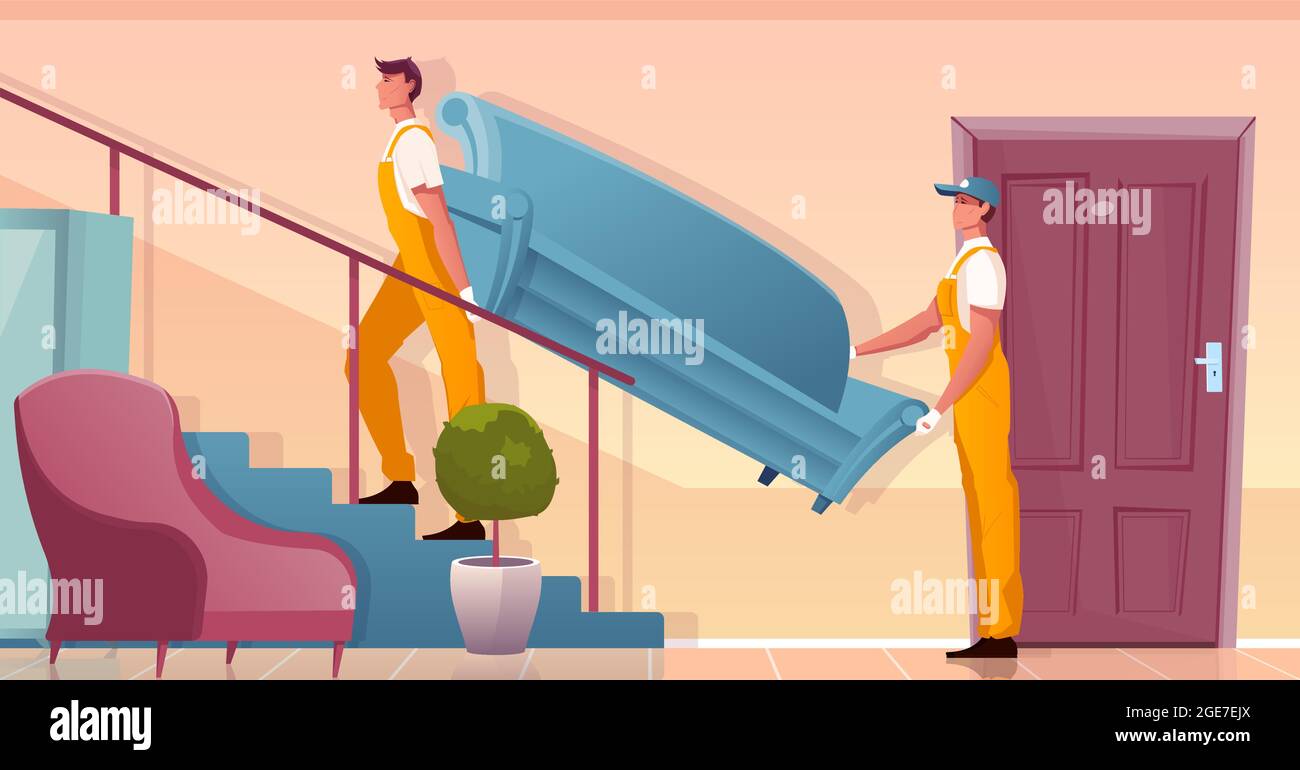 Furniture delivery background with two movers carrying blue sofa