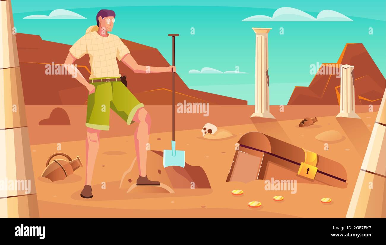 Treasure hunt background with chest digging symbols flat vector ...