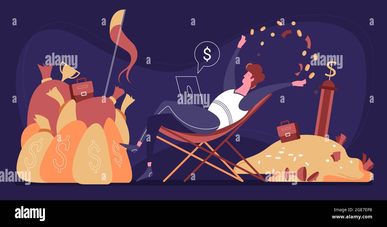 Happy winner businessman with bags and heap of money flat vector ...