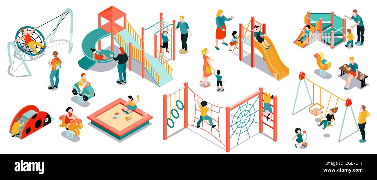 Children playing with parents on kids playground with game equipment.  Isometric cartoon vector illustration with 3d little people. Playground  isometry with swing and slide Stock Vector Image & Art - Alamy