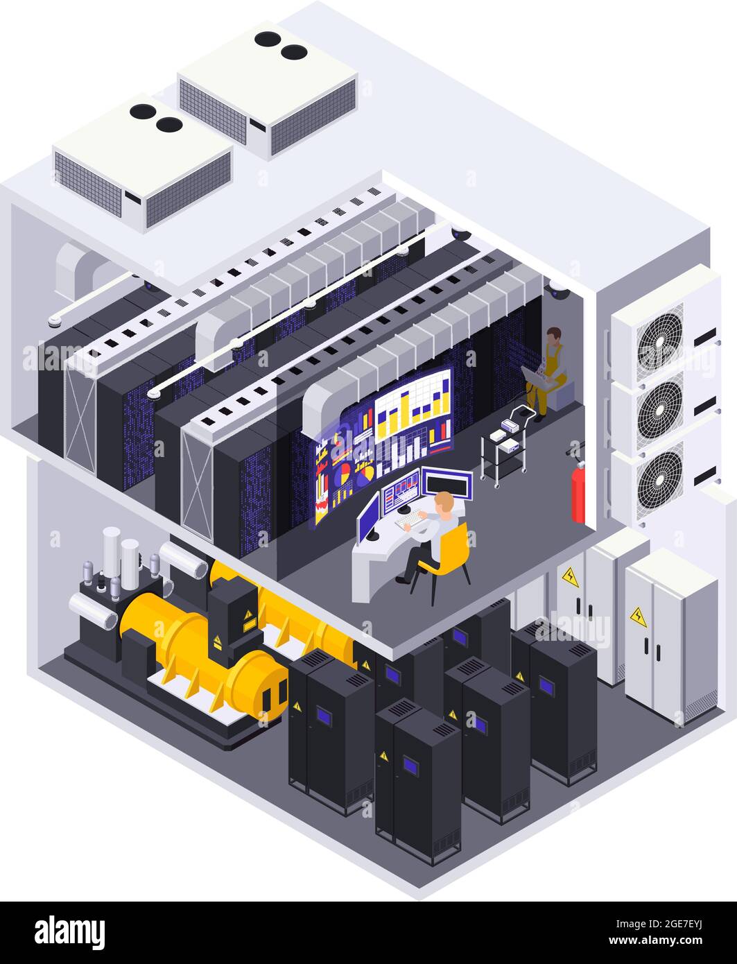 Data center 2 story facility isometric cutaway view with computer ...