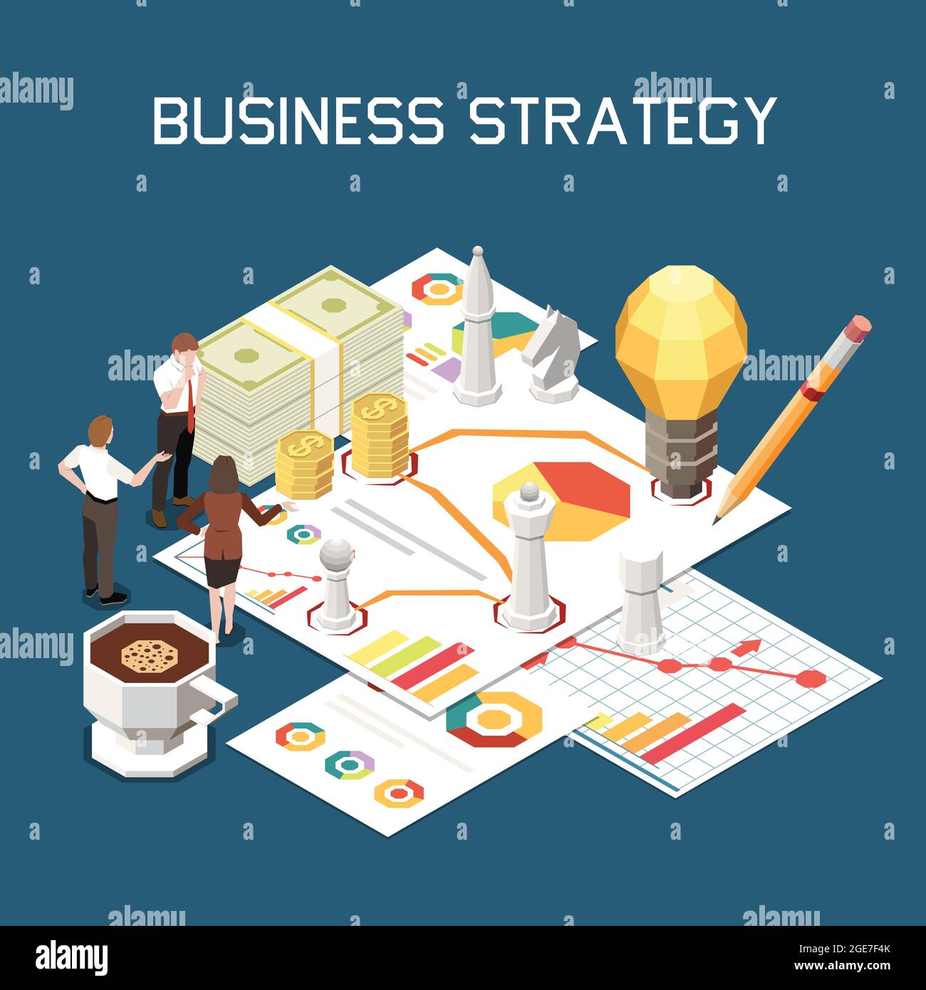 Project management isometric composition with text and small characters ...