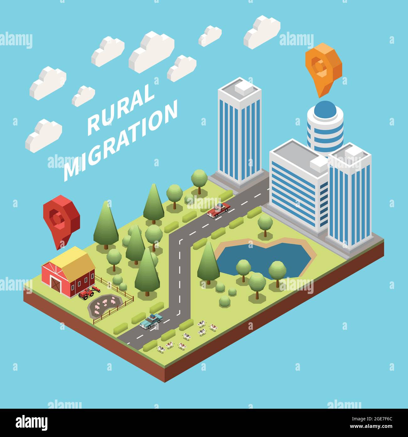 Population mobility migration displacement isometric composition with