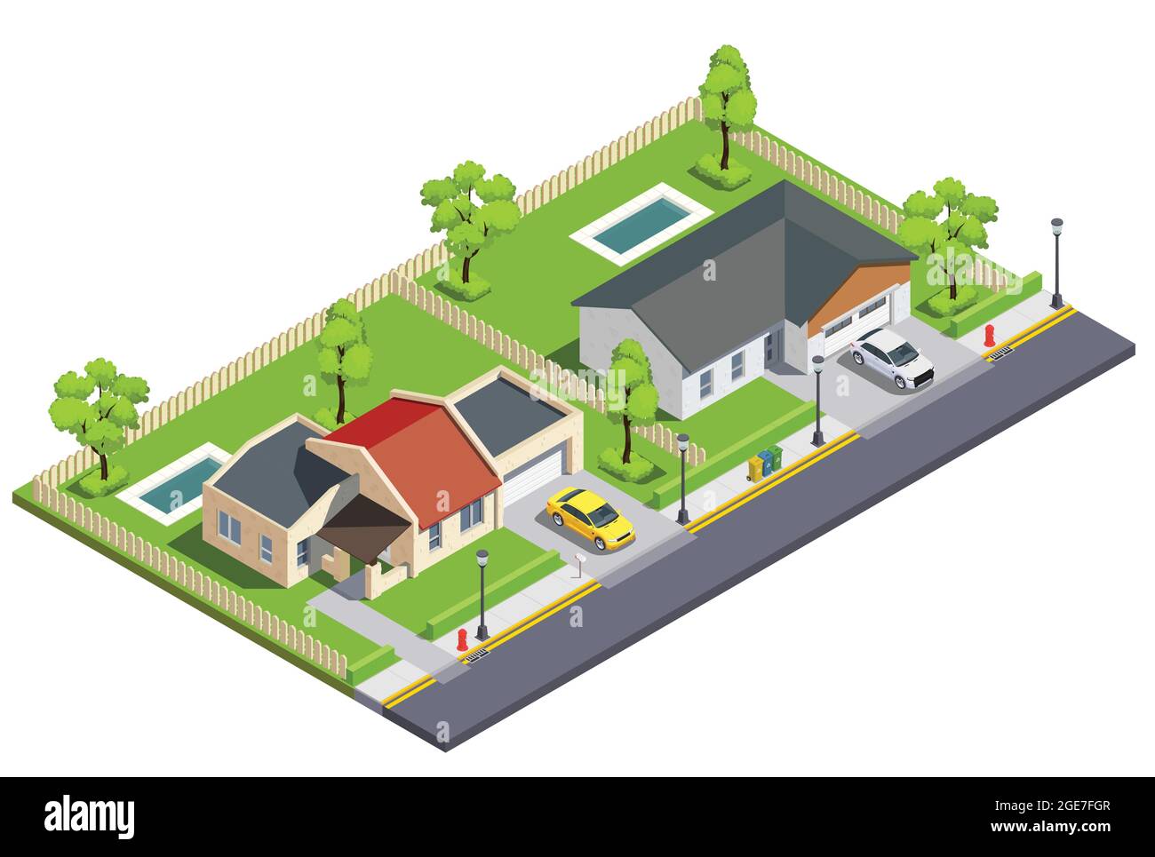 Suburban city buildings isometric composition with view of small neighbour gardens with private houses and cars vector illustration Stock Vector