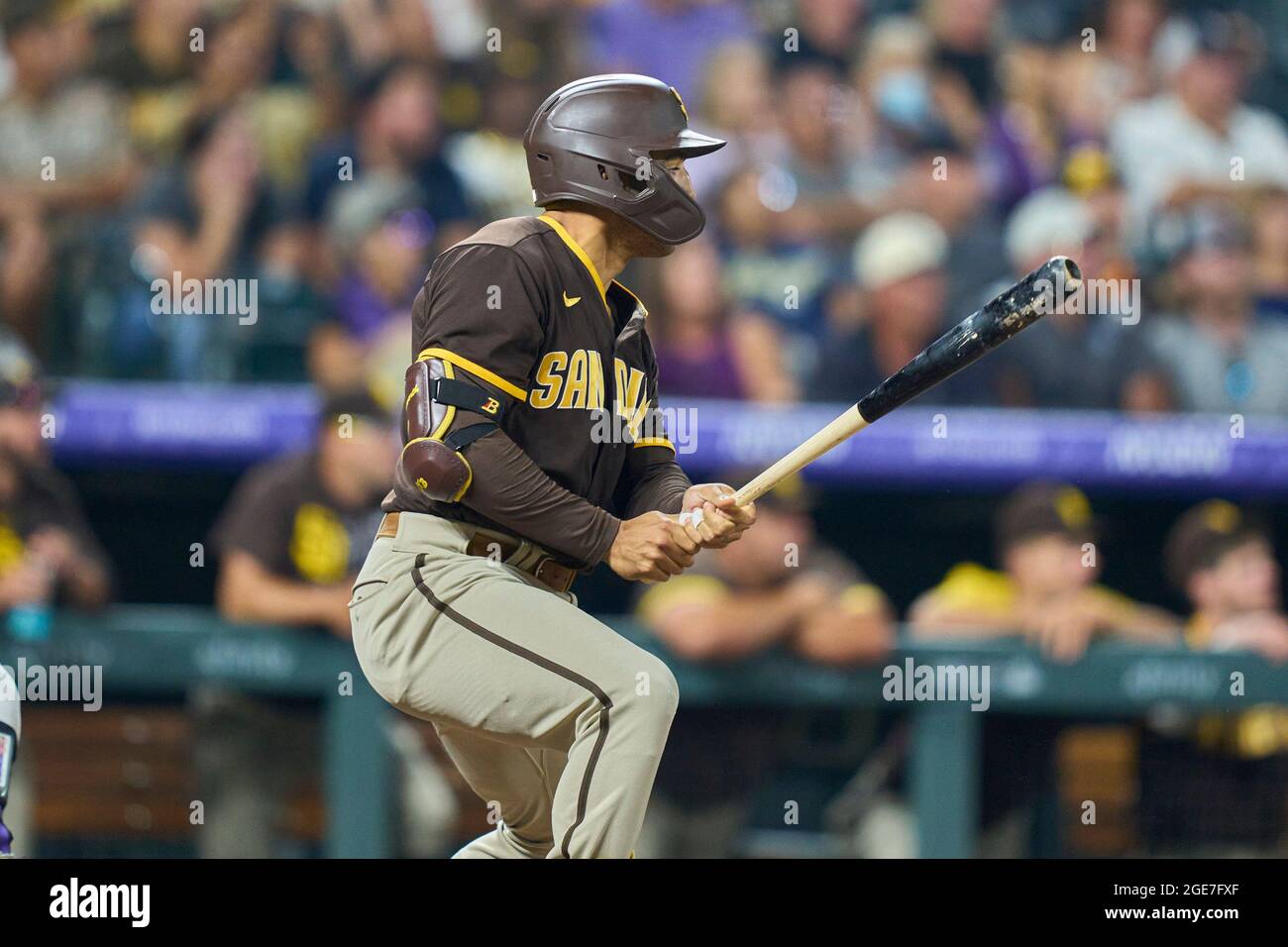 August 18 2021: San Diego center fielder Trent Grisham (2) gets a hit  during the game with San Diego Padres and Colorado Rockies held at Coors  Field in Denver Co. David Seelig/Cal