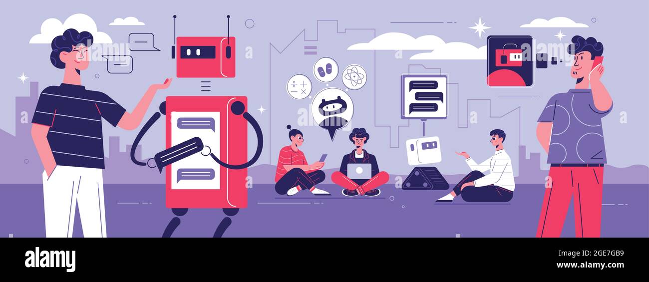 Artificial intelligence chatbot technical support flat colorful background banner with bot robots communicating with customers vector illustration Stock Vector