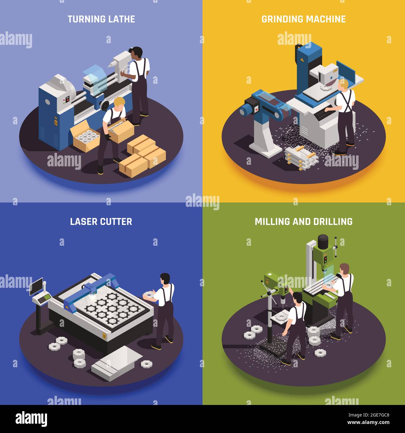 Metalworking operations 4 isometric compositions with turning lathe laborer laser cutter milling drilling grinding machines vector illustration Stock Vector