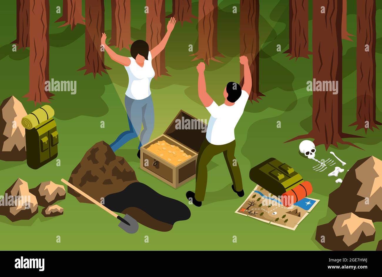 Isometric treasure hunt horizontal composition with forest scenery and ...