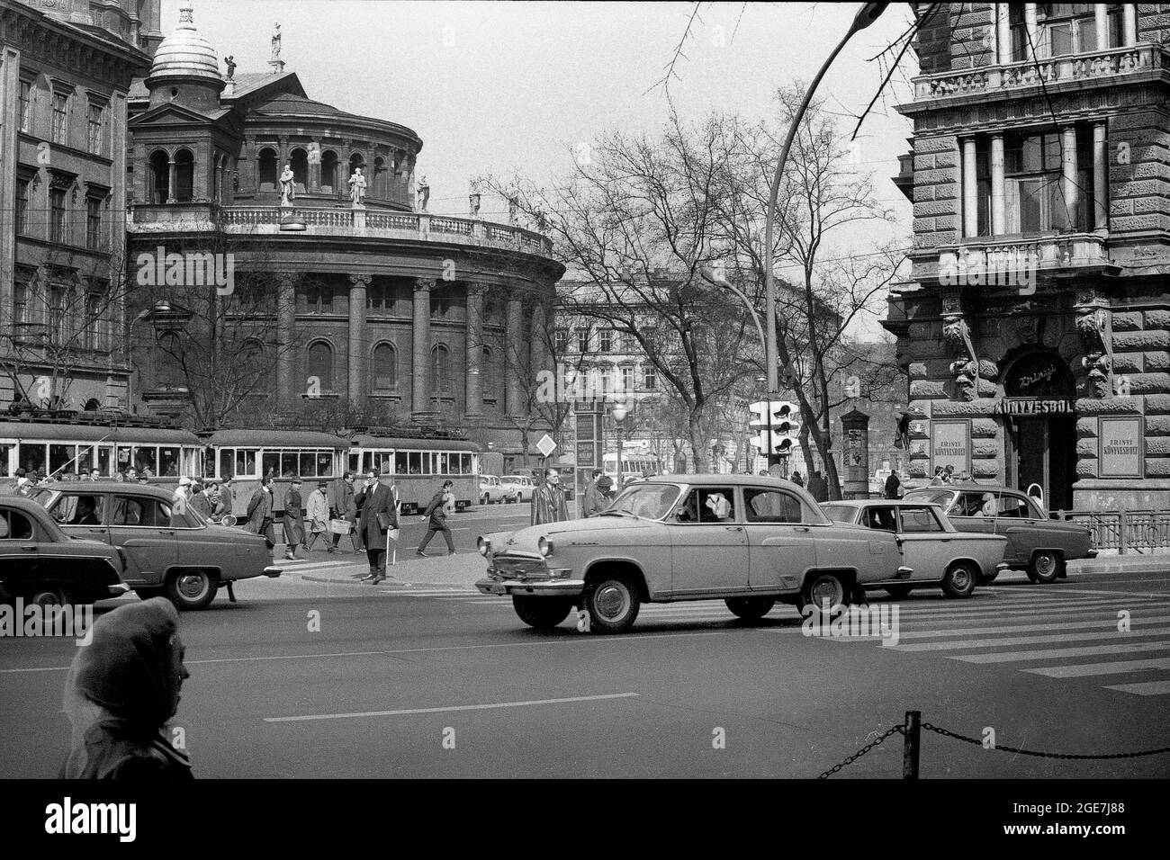 Busy city with people and traffic on Andrassy Avenue, Budapest, Hungary in 1958 Stock Photo