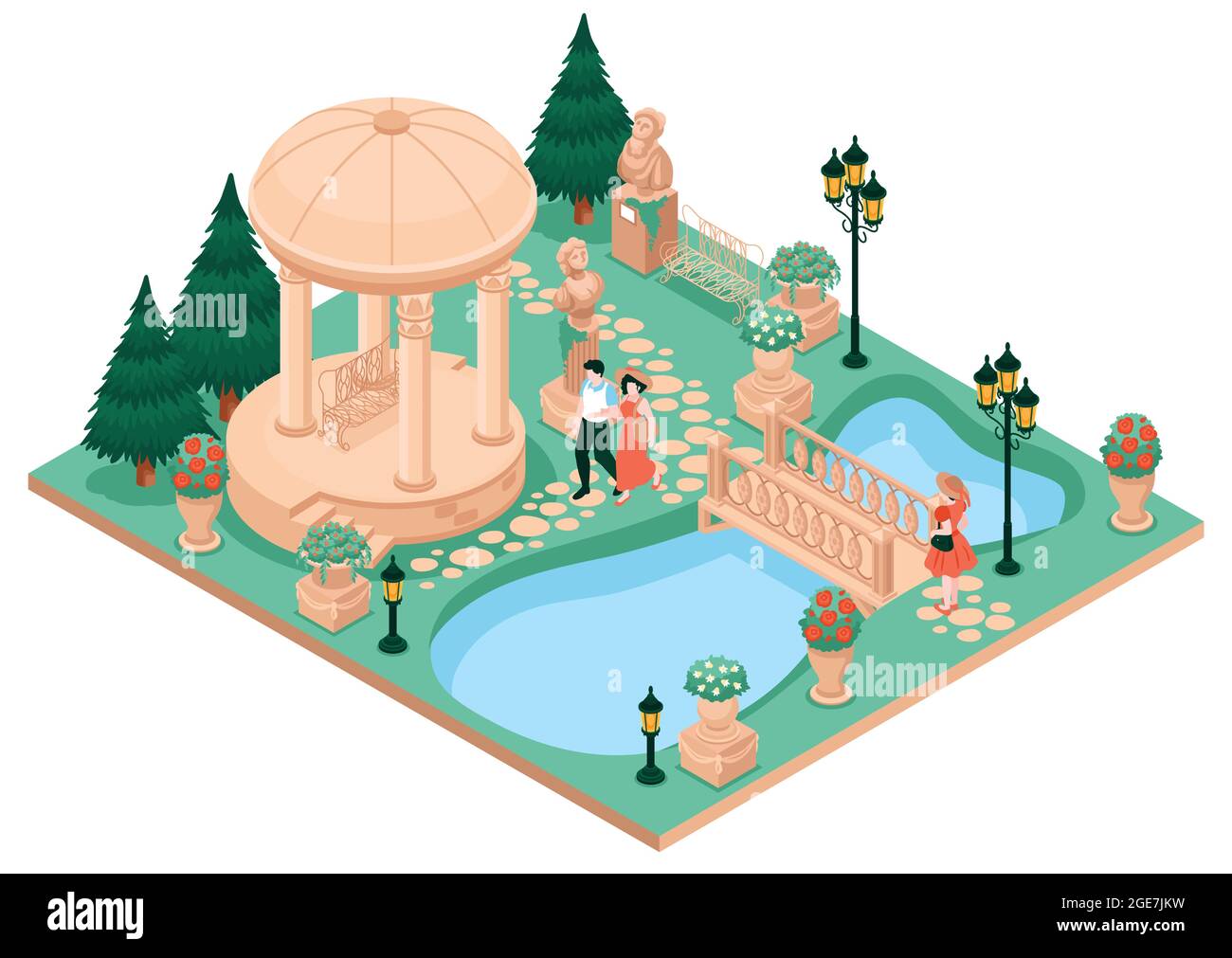 Country house garden concept with park pond and bridge vector illustration Stock Vector
