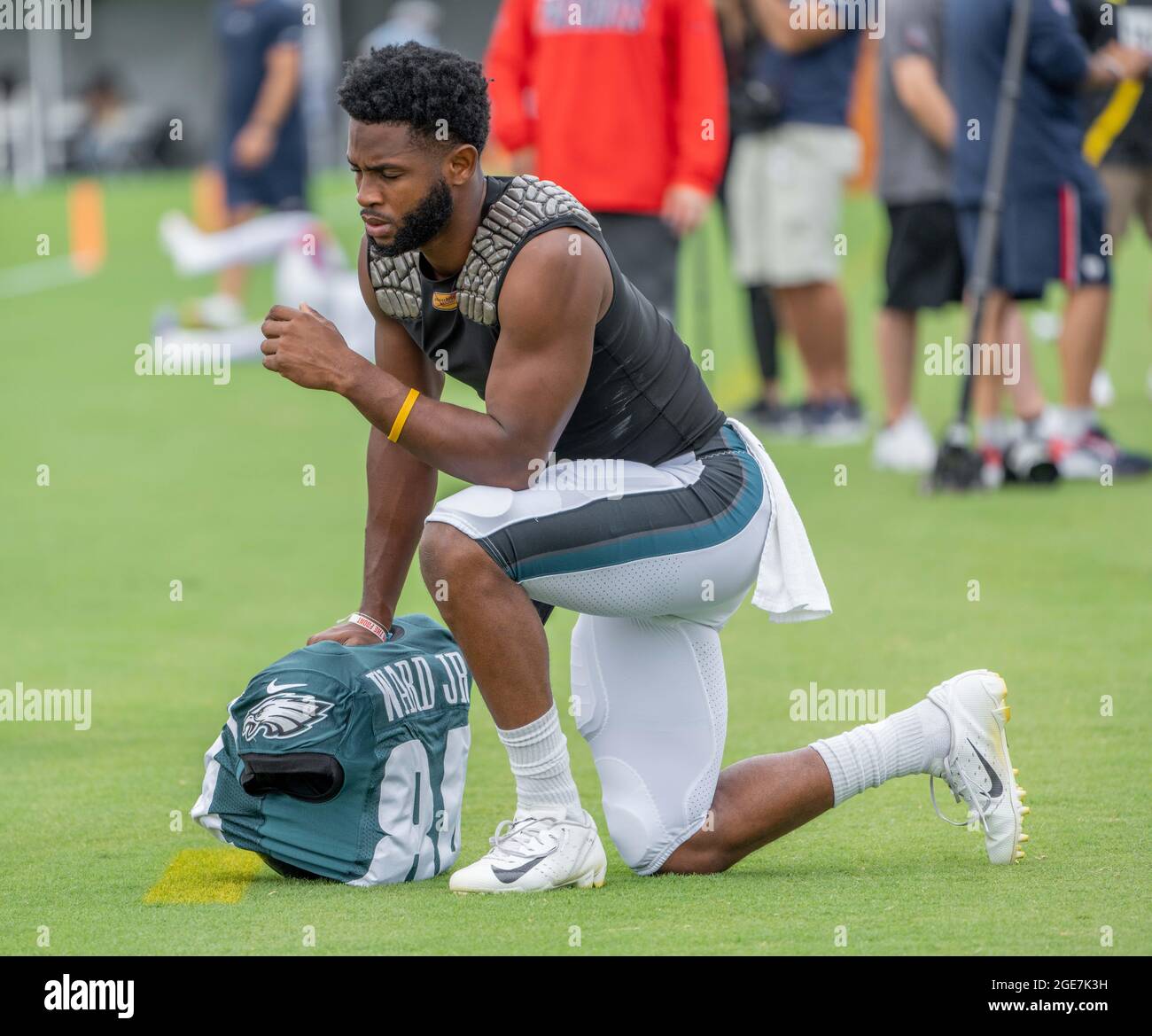 Philadelphia, Pennsylvania, USA. 17th Aug, 2021. NFL wide receiver GREG WARD,  JR, of the Philadelphia Eagles, pauses for a moment, before a joint  practice session between the Eagles and the New England