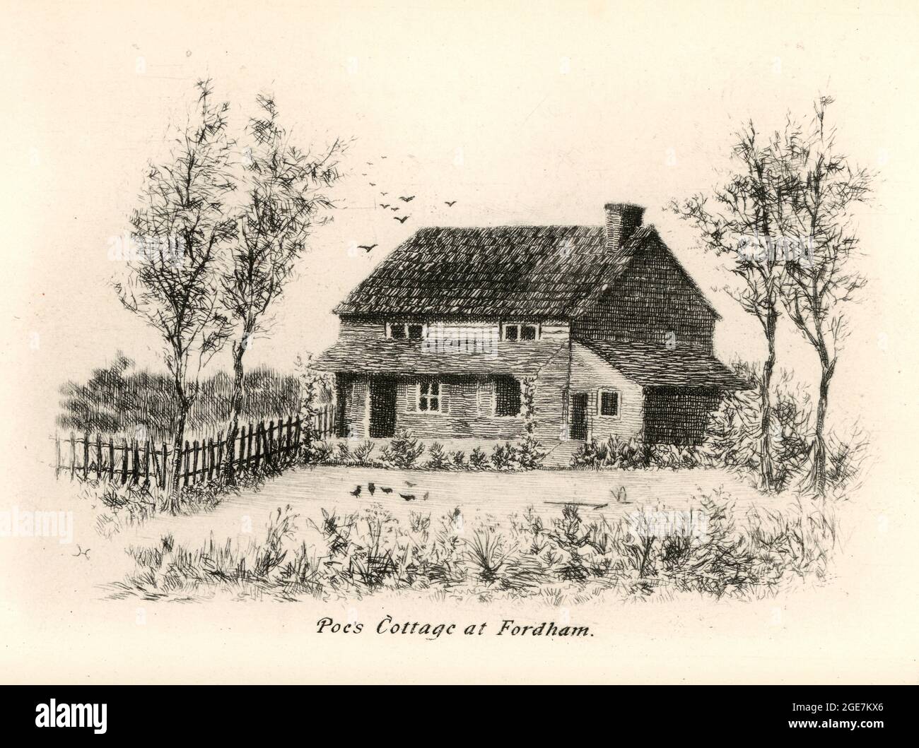 Vintage illustration of Edgar Allan Poe's cottage at Fordham, New York