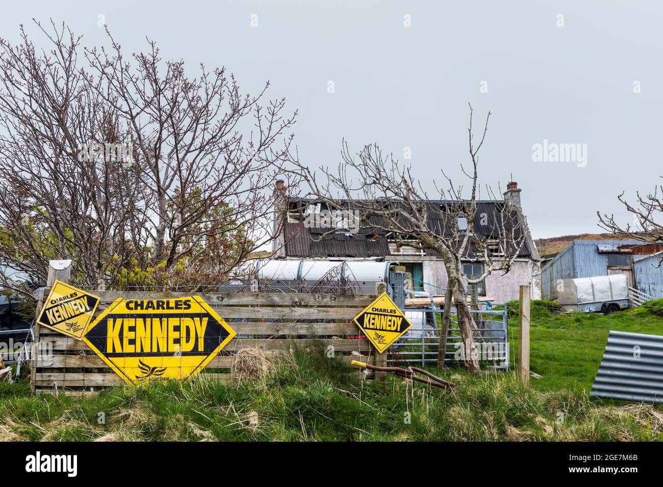 Old political campaign signs supporting the late Liberal Democratic leader Charles Kennedy on the Isle of Skye. Stock Photo