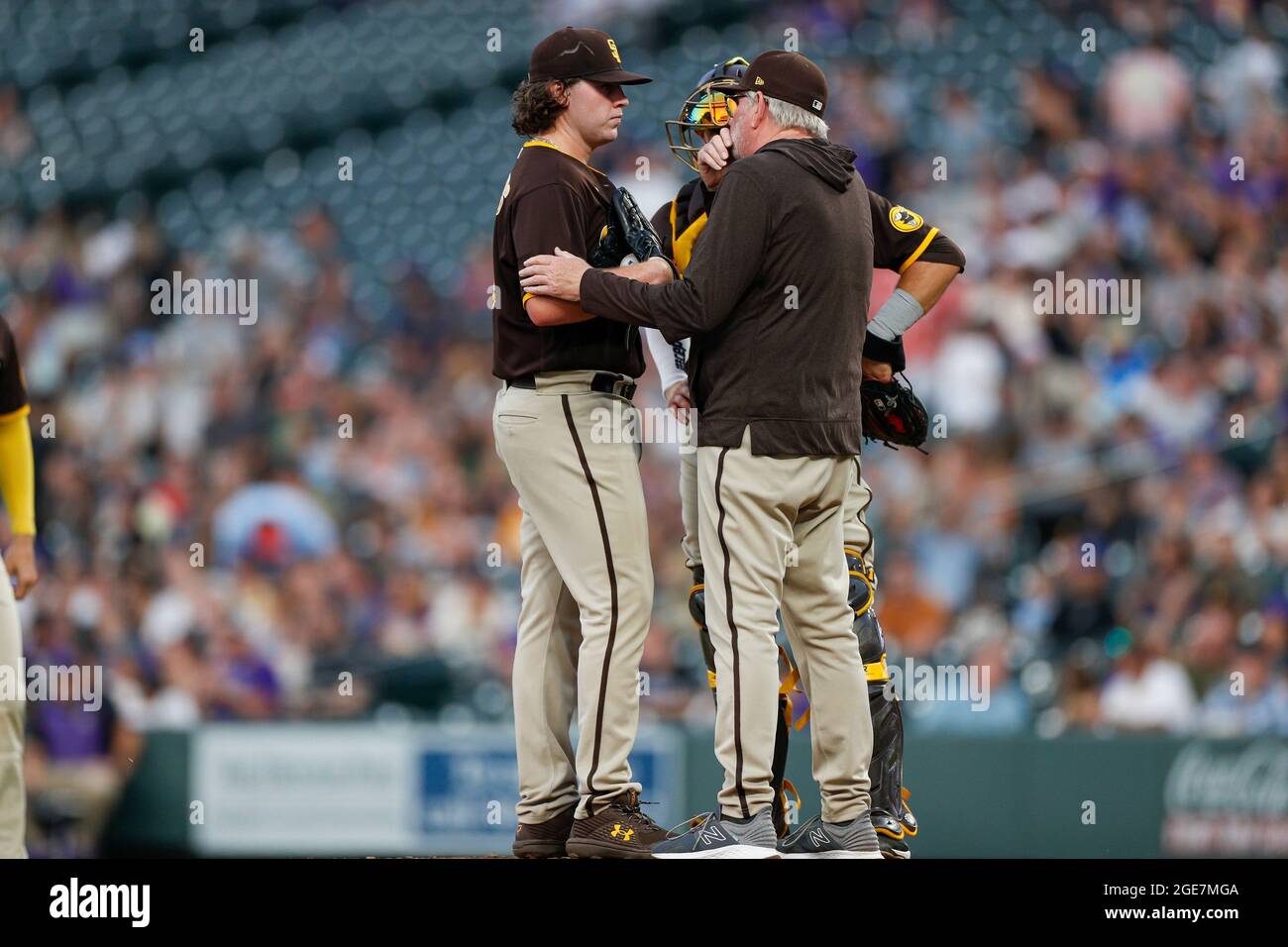 San Diego Padres pitching coach Darren Balsley talks with San Diego