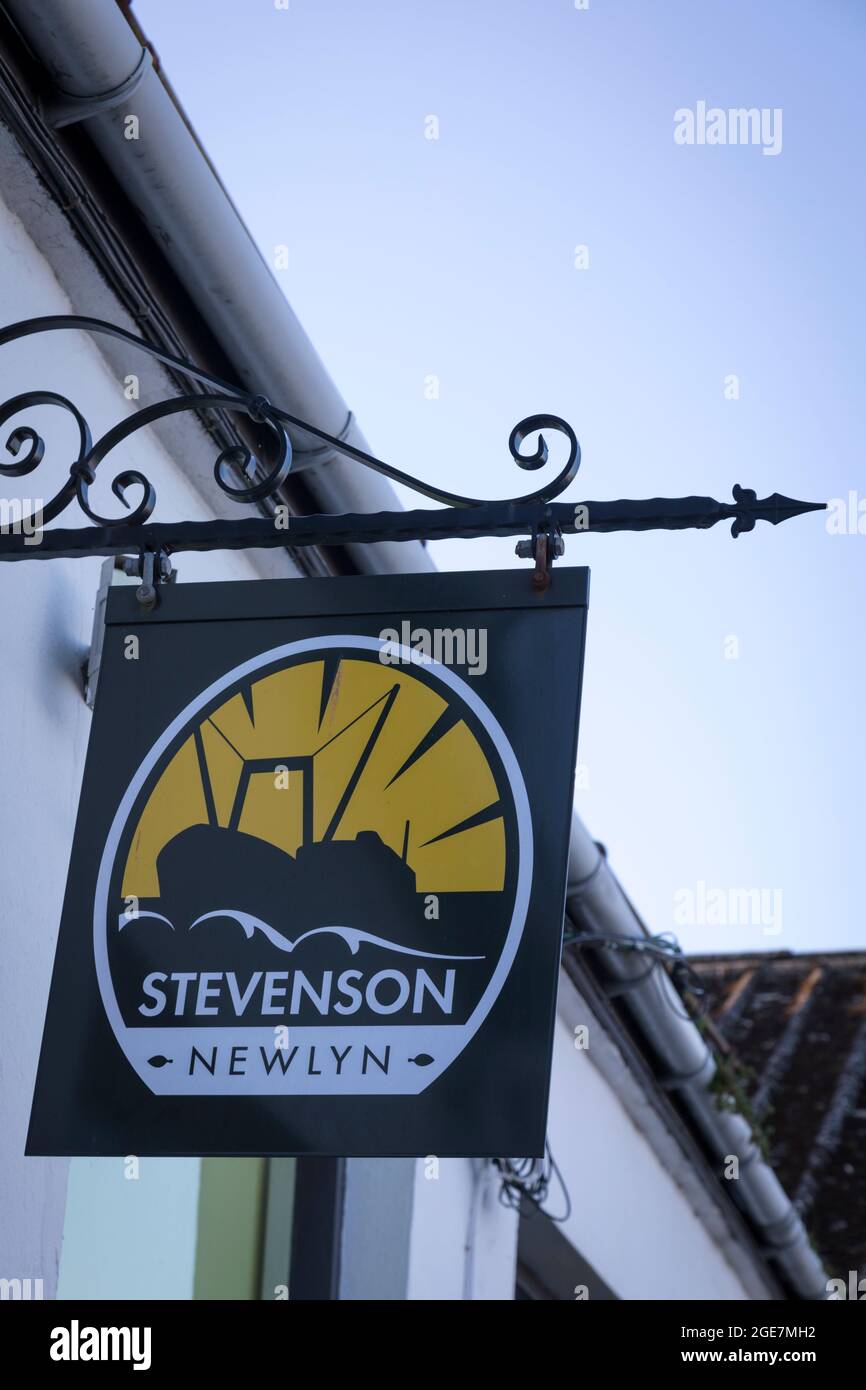 Shop sign for Stevenson, Newlyn, one of the largest private fishing fleets in the UK and over 100 years old, Cornwall, England. Stock Photo