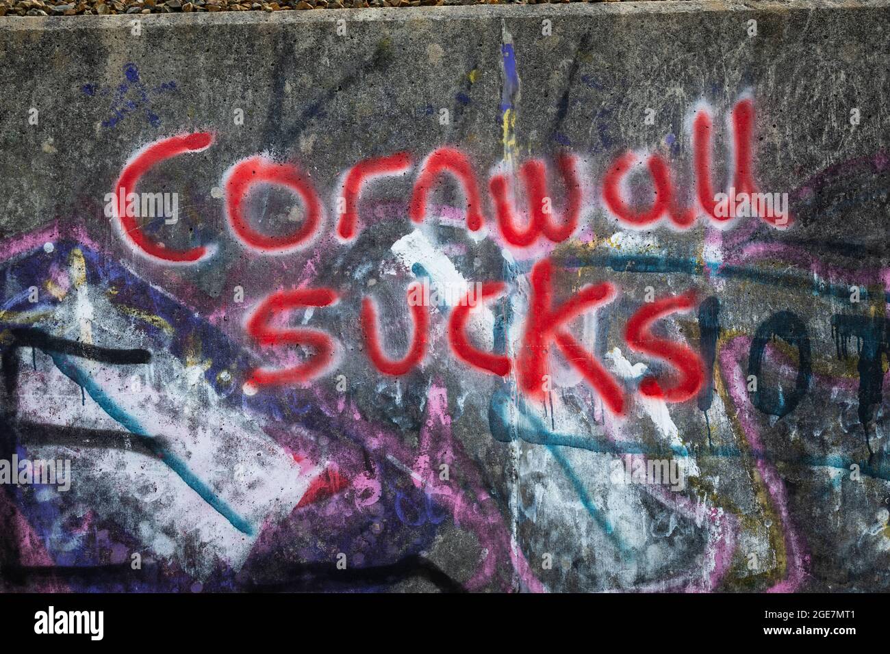 Colourful graffiti about Cornwall on a wall in the county. Stock Photo