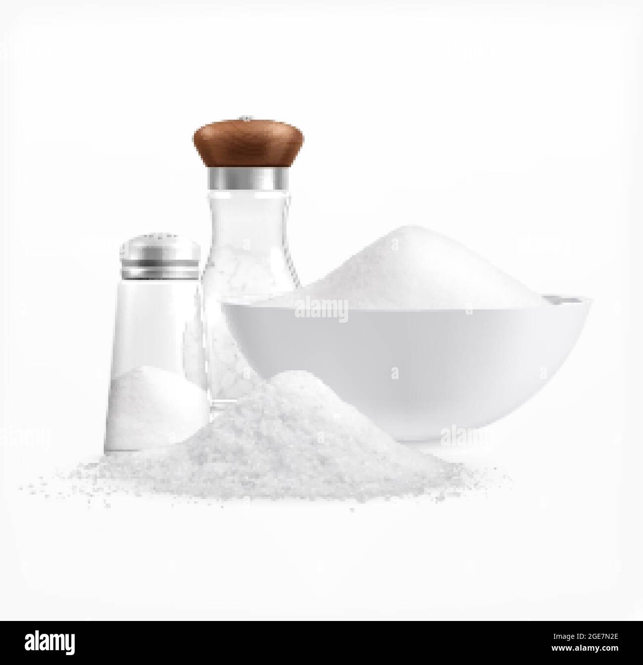 Sea salt realistic composition with piles of white salt in plates and
