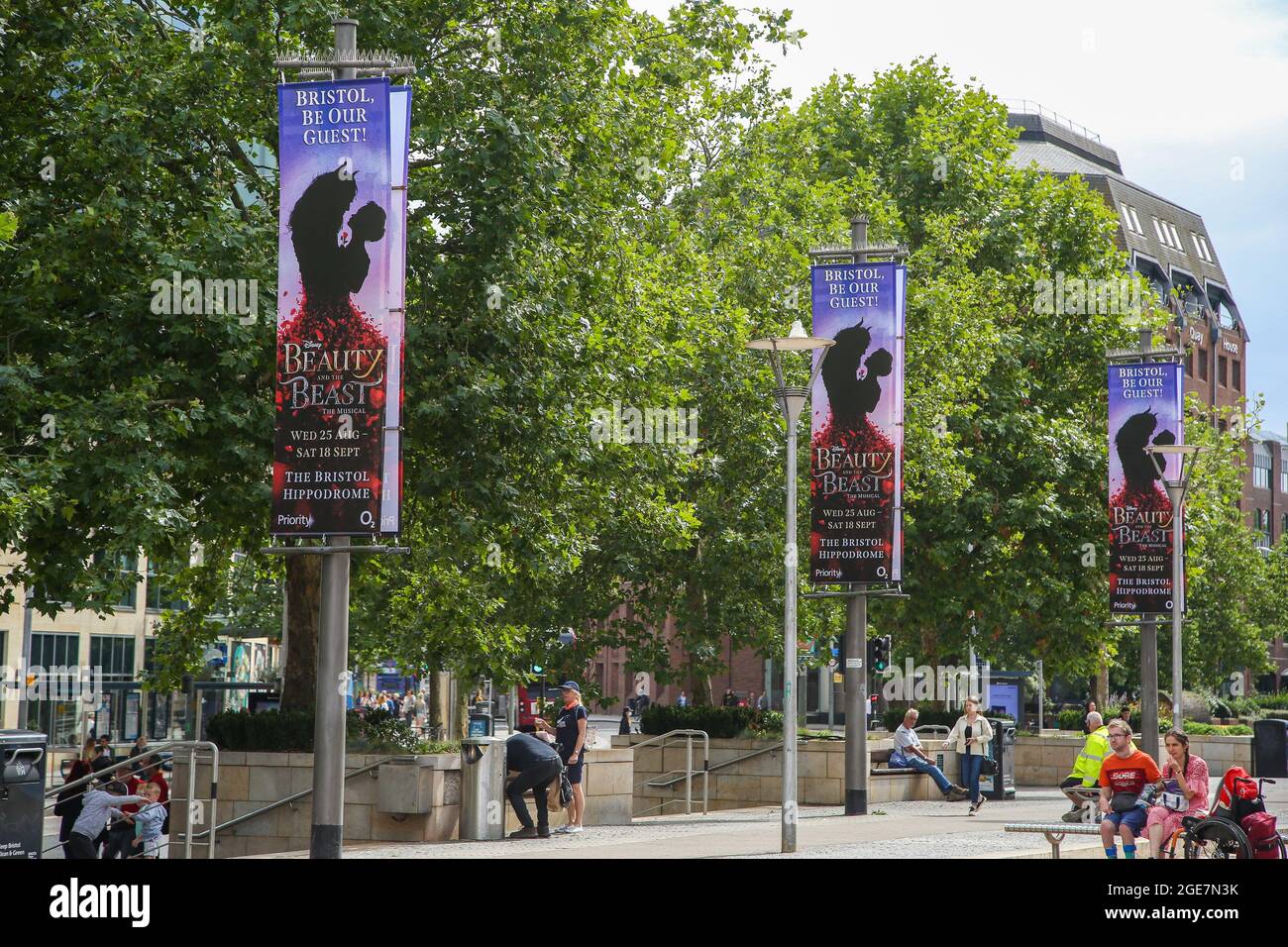 Bristol Uk 16th Aug 2021 People Walk Past Beauty And The Beast Adverts On Display In Bristol As Disney S Musical Returns To The Uk Stage With Performance At Bristol Hippodrome From 25